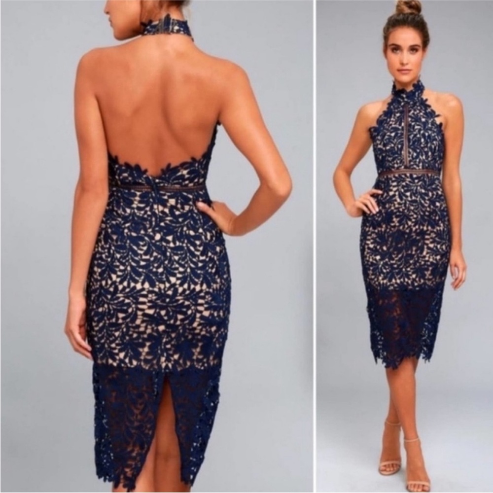 Lulu's navy blue lace illusion halter neck midi dress